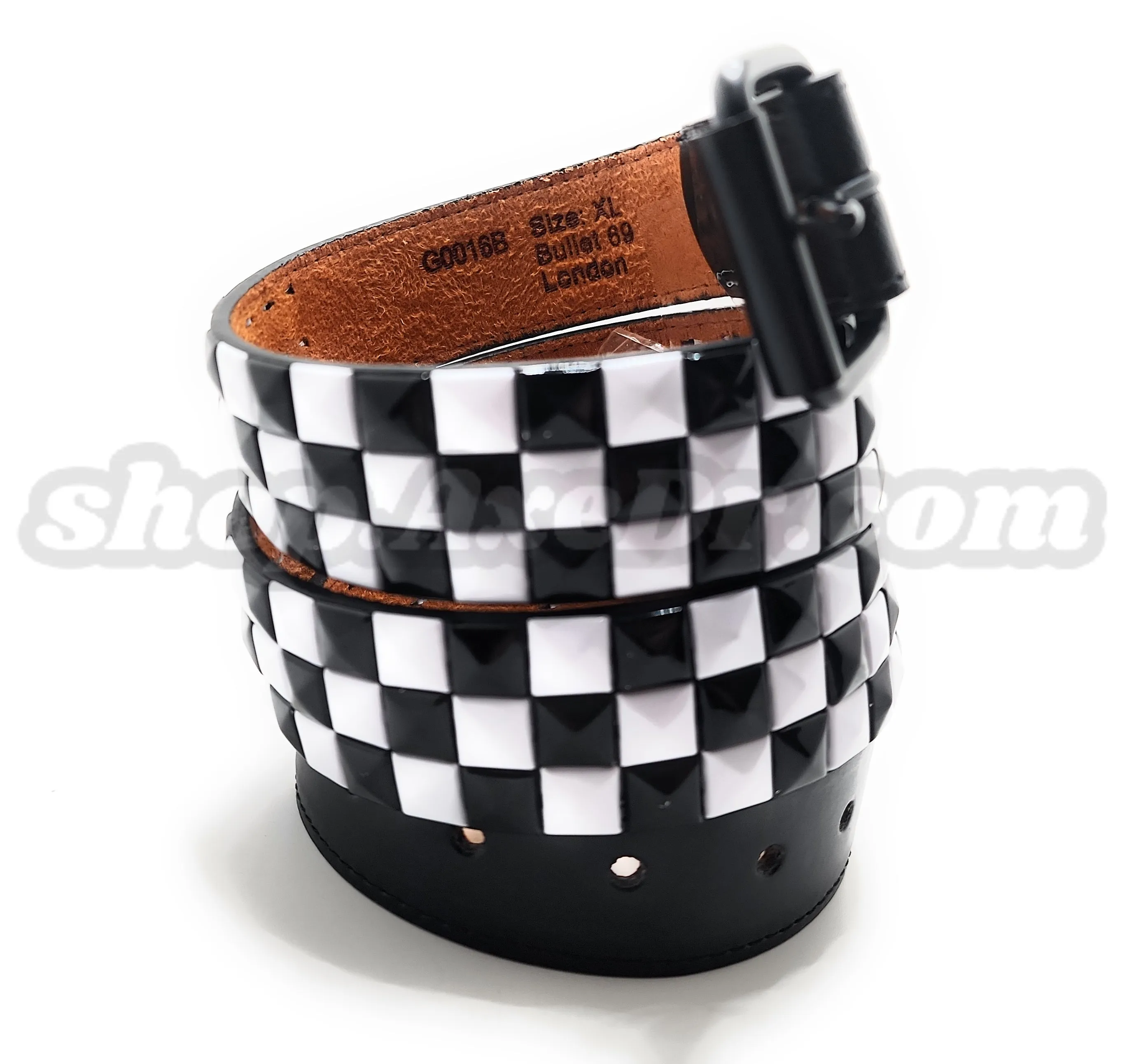 Handmade White and Black Checker Pyramid Studded Stitched Leather Belt Punk