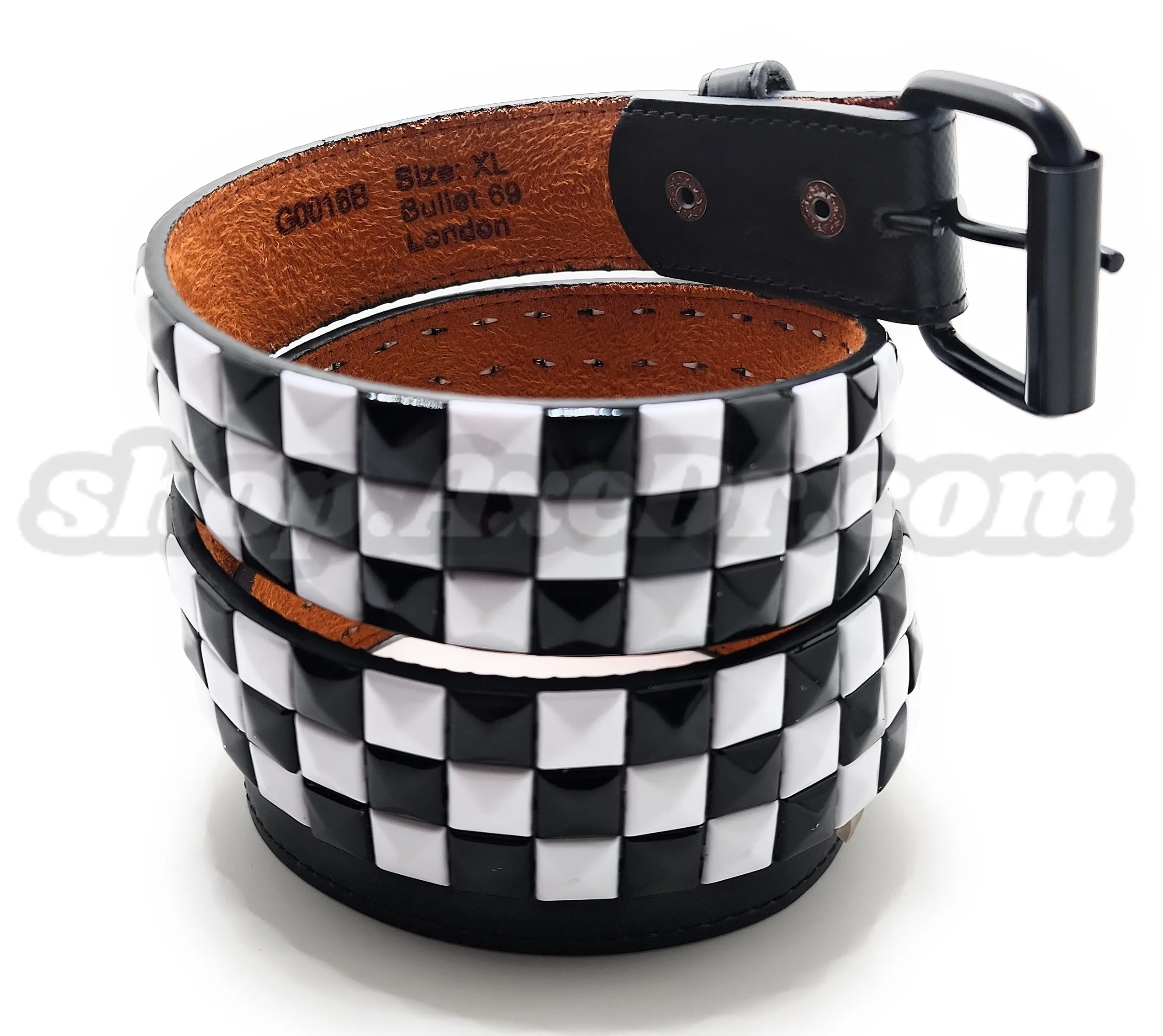 Handmade White and Black Checker Pyramid Studded Stitched Leather Belt Punk