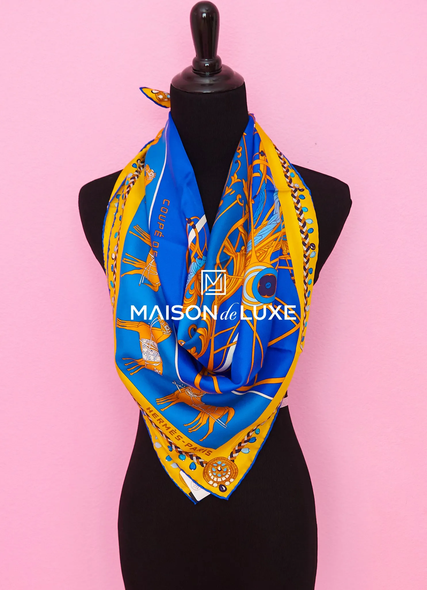 Hermes "Coupe de Gala" Blue Wash Twill Silk 90 cm Scarf