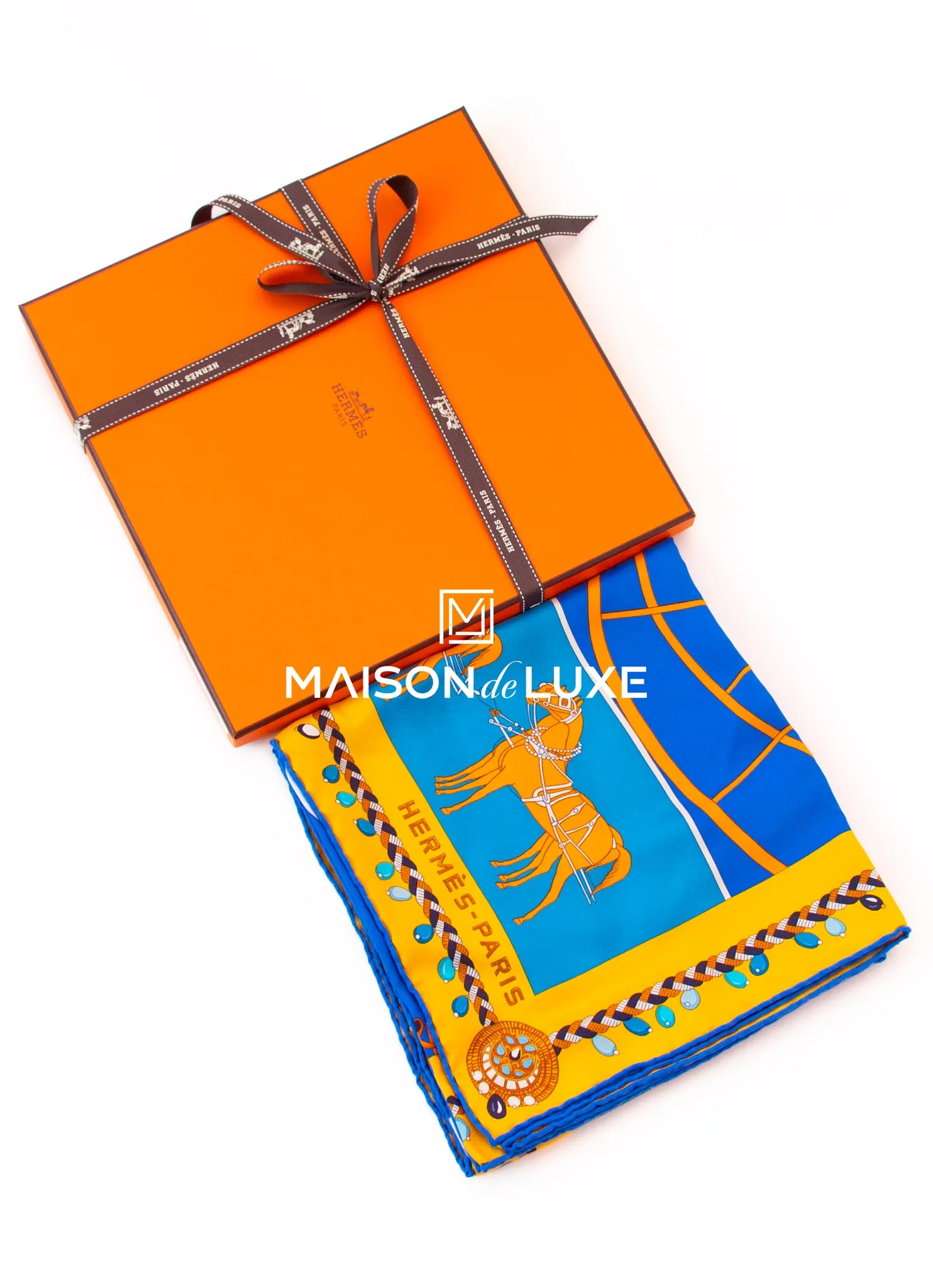 Hermes "Coupe de Gala" Blue Wash Twill Silk 90 cm Scarf