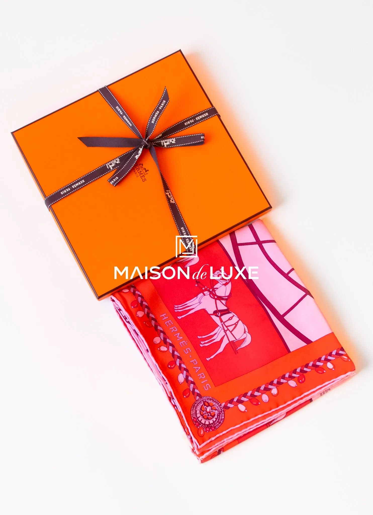 Hermes "Coupe de Gala" Red Pink Wash Twill Silk 90 cm Scarf