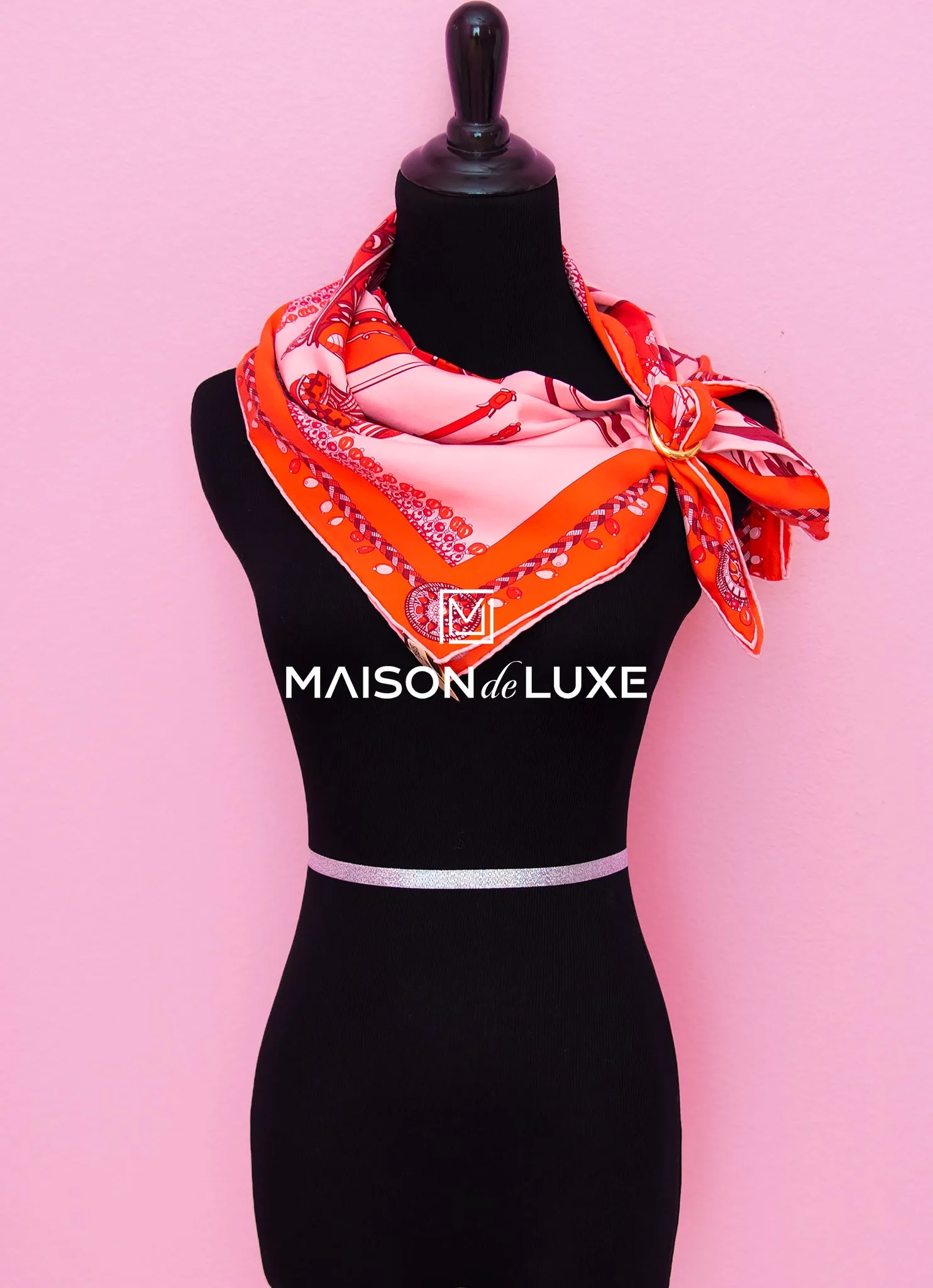 Hermes "Coupe de Gala" Red Pink Wash Twill Silk 90 cm Scarf