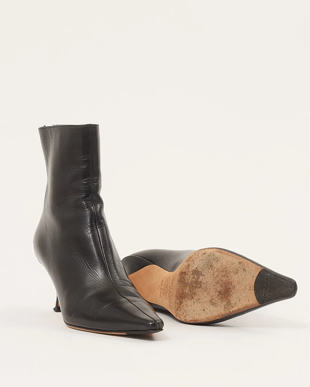 Jimmy Choo Black Leather Pointed Toe Kitten Heel Booties - 37