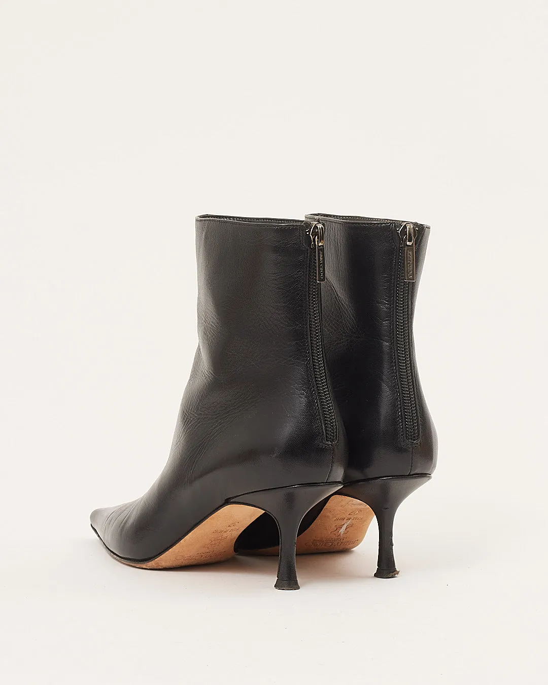 Jimmy Choo Black Leather Pointed Toe Kitten Heel Booties - 37