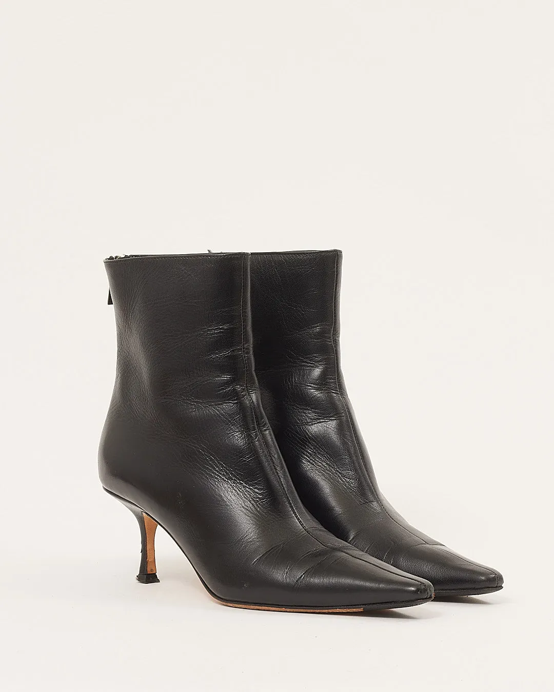 Jimmy Choo Black Leather Pointed Toe Kitten Heel Booties - 37