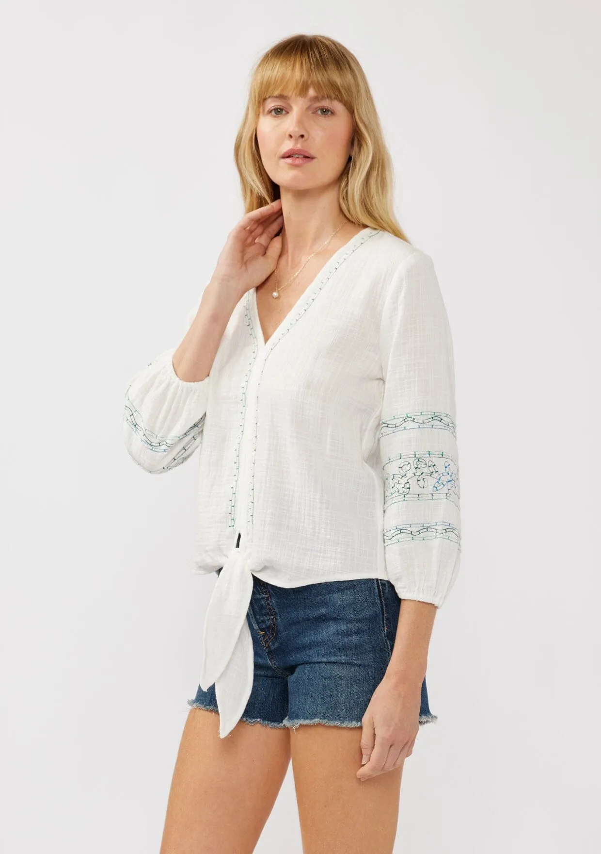 Katya Embroidered Tie Front Top