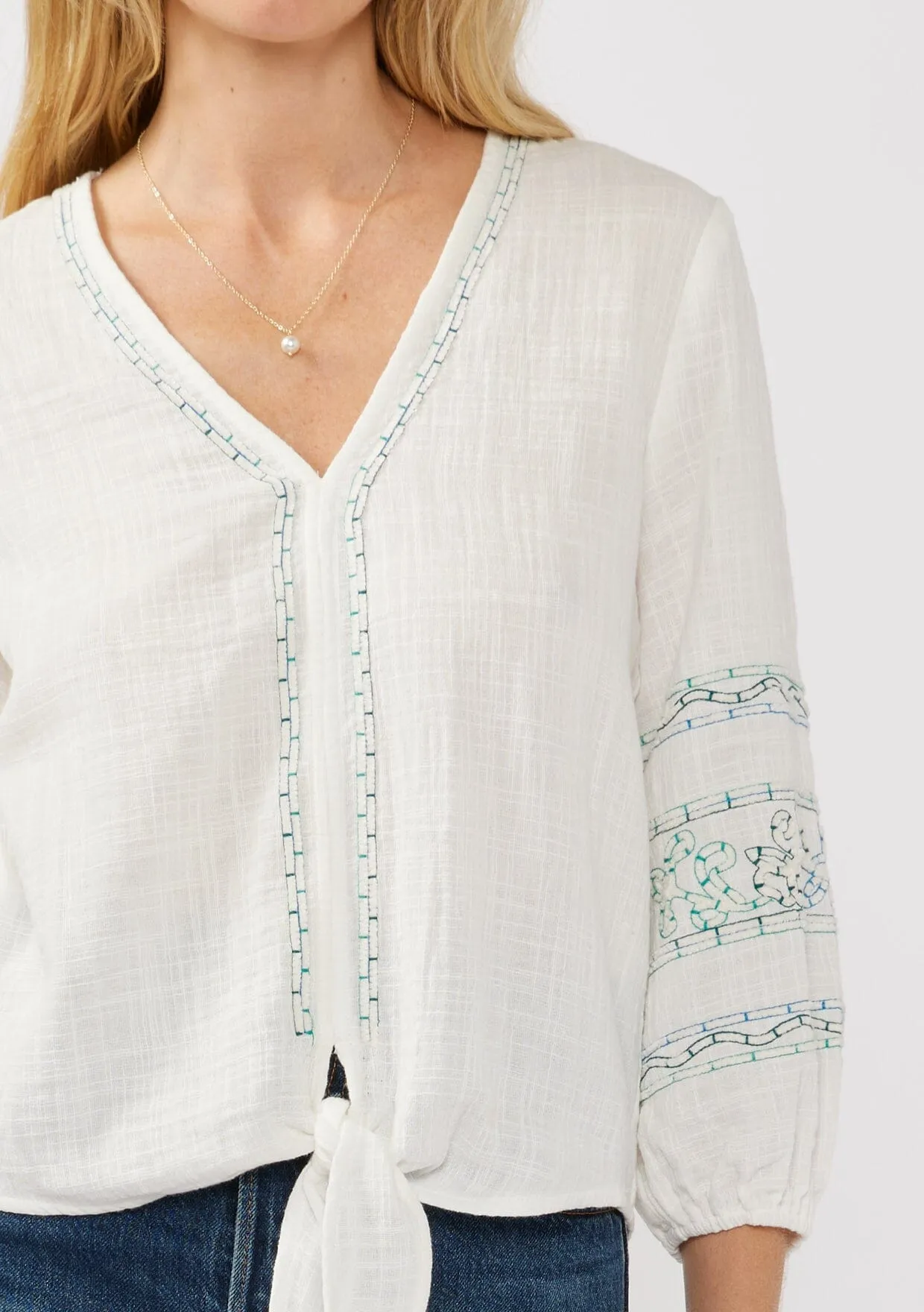 Katya Embroidered Tie Front Top