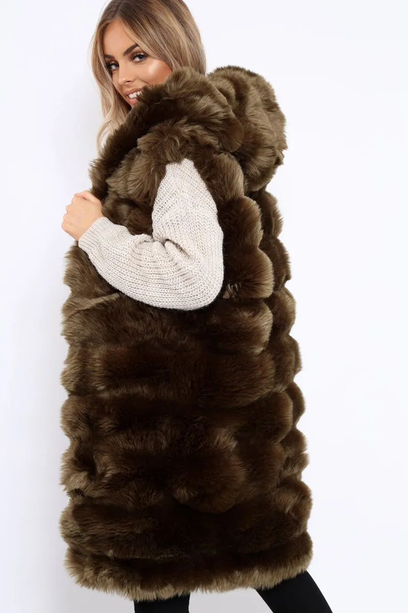 Khaki Hooded Faux Fur Gilet - Jadie