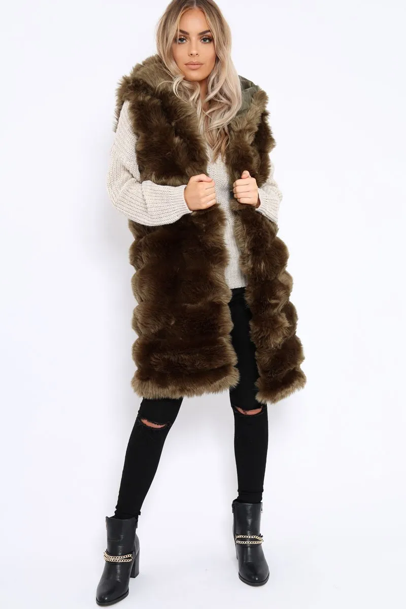 Khaki Hooded Faux Fur Gilet - Jadie