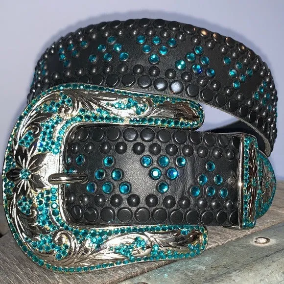 KIPPYS Turquoise Swarovski Crystal Black Leather Silver Cowgirl Western Belt