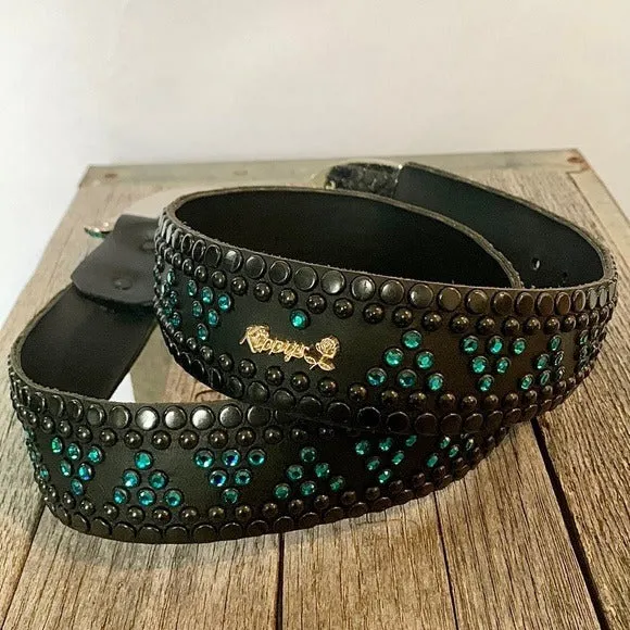 KIPPYS Turquoise Swarovski Crystal Black Leather Silver Cowgirl Western Belt