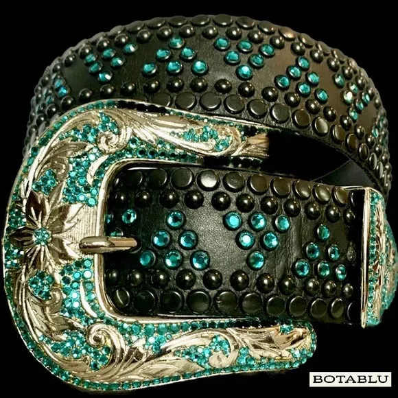 KIPPYS Turquoise Swarovski Crystal Black Leather Silver Cowgirl Western Belt
