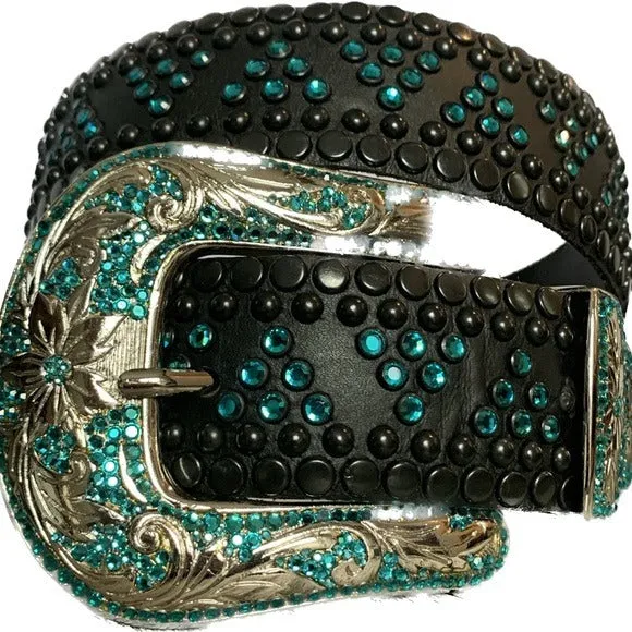KIPPYS Turquoise Swarovski Crystal Black Leather Silver Cowgirl Western Belt