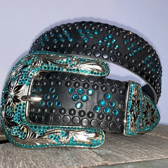 KIPPYS Turquoise Swarovski Crystal Black Leather Silver Cowgirl Western Belt