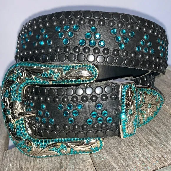 KIPPYS Turquoise Swarovski Crystal Black Leather Silver Cowgirl Western Belt