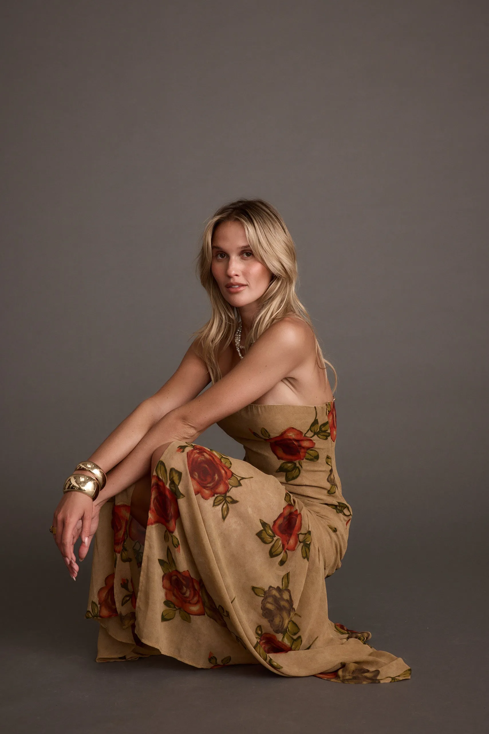 LaBelle Tan Floral Drop Waist Maxi Dress