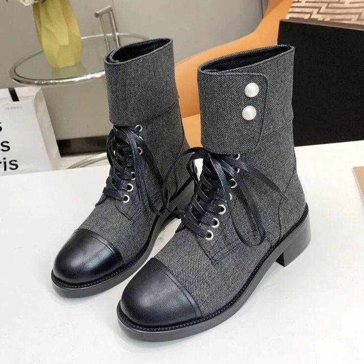 Lace Up Real Leather Martin Boots Women Pearl Chelsea Boots