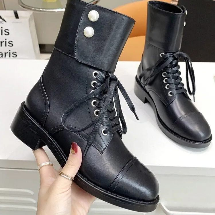 Lace Up Real Leather Martin Boots Women Pearl Chelsea Boots