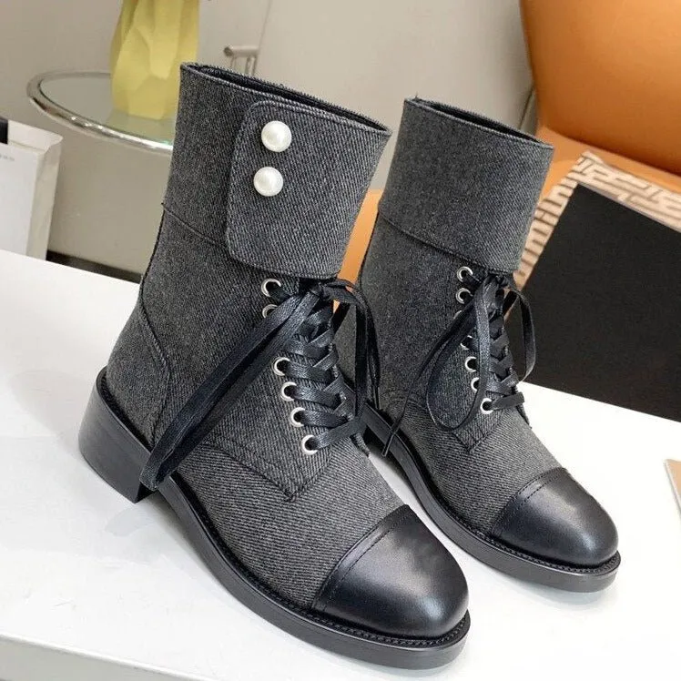 Lace Up Real Leather Martin Boots Women Pearl Chelsea Boots