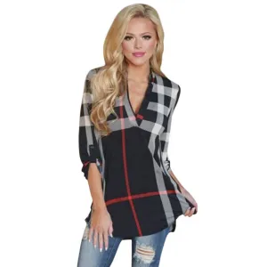 Ladies Top V Neck Tops Tee Plaid Women Blouse Shirt Three-quarter Sleeve Casual Feminine Blouses LJ4950R