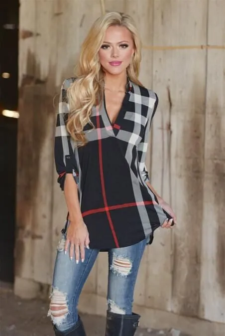 Ladies Top V Neck Tops Tee Plaid Women Blouse Shirt Three-quarter Sleeve Casual Feminine Blouses LJ4950R