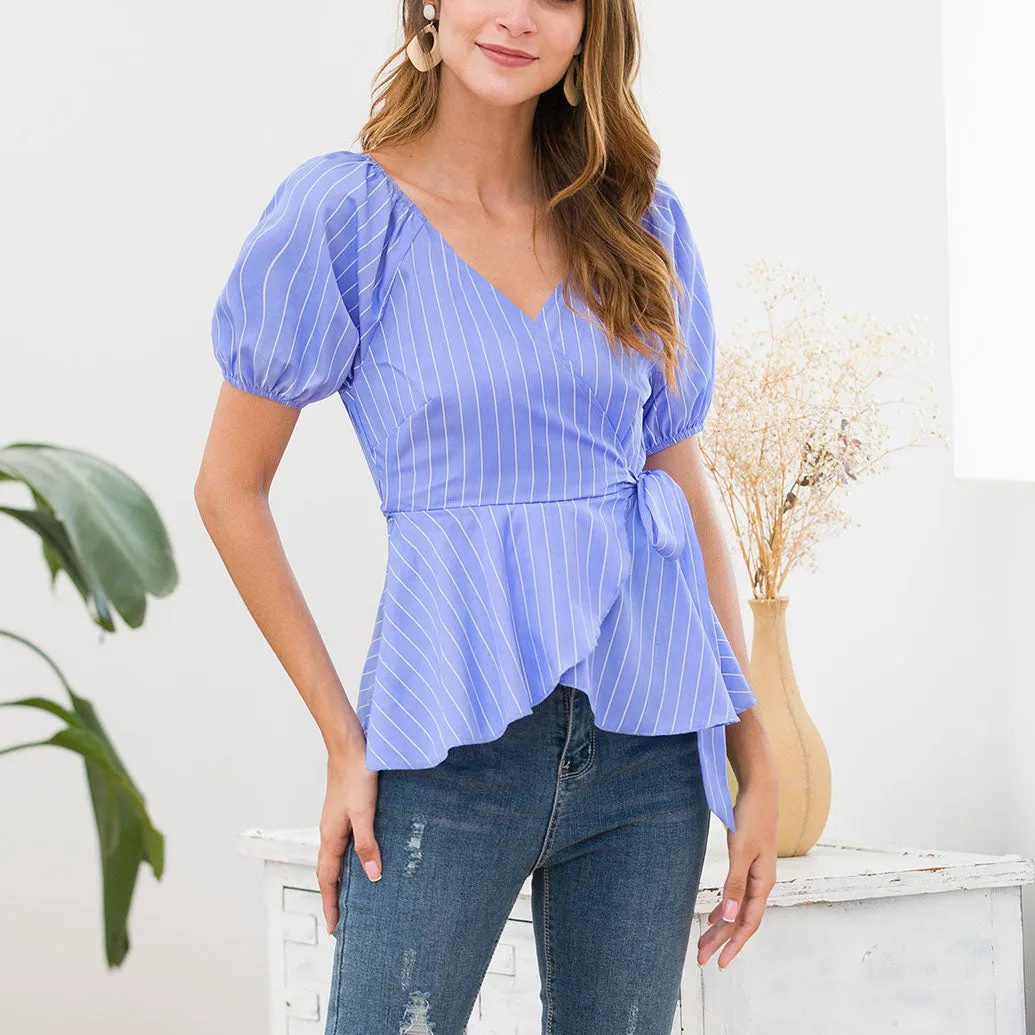 Lantern Short Sleeve Tie Waist Cross V-neck Hem Wild Stripe Top