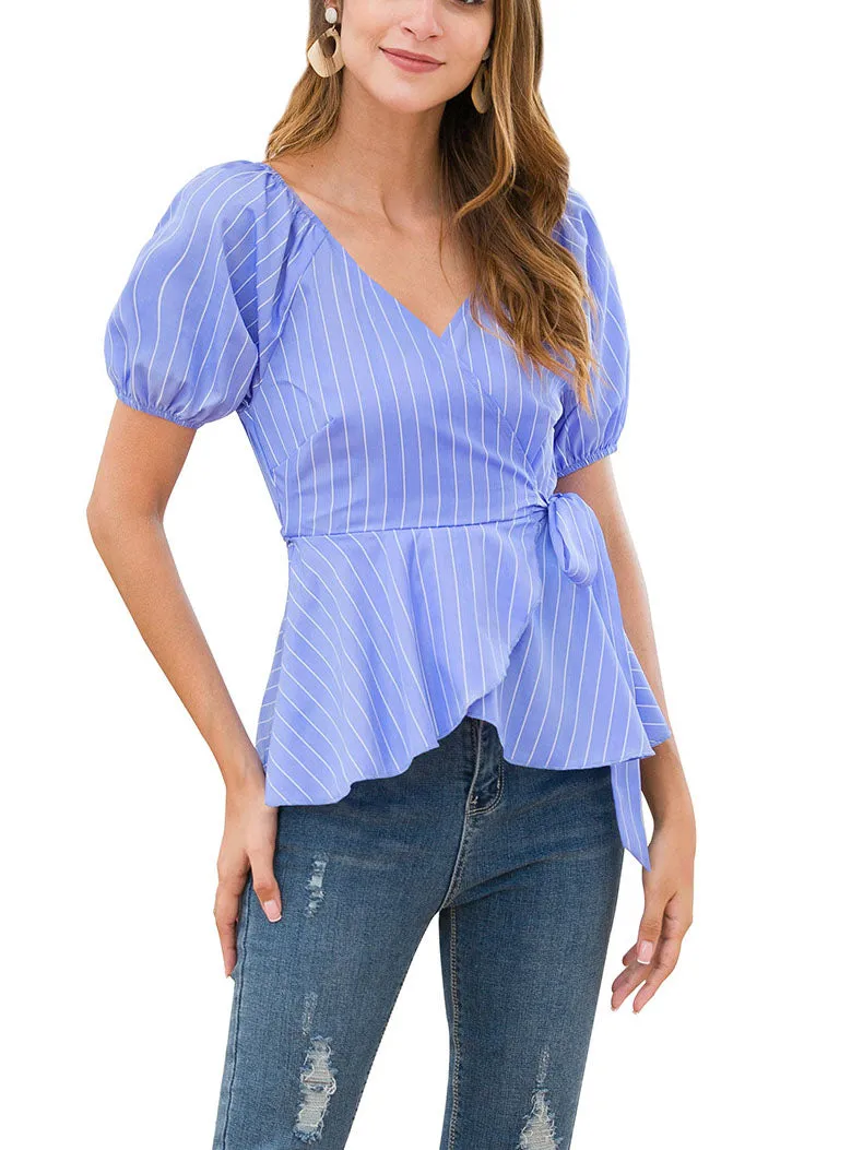 Lantern Short Sleeve Tie Waist Cross V-neck Hem Wild Stripe Top