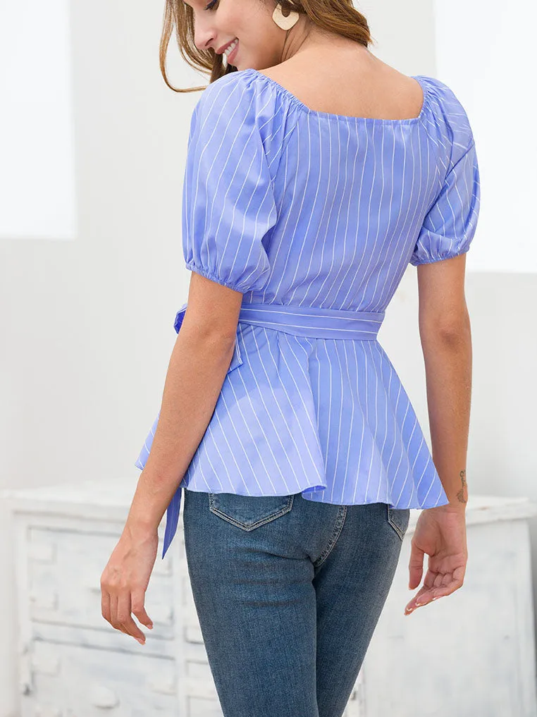 Lantern Short Sleeve Tie Waist Cross V-neck Hem Wild Stripe Top
