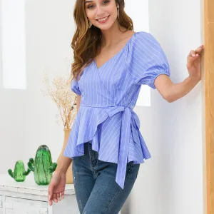 Lantern Short Sleeve Tie Waist Cross V-neck Hem Wild Stripe Top