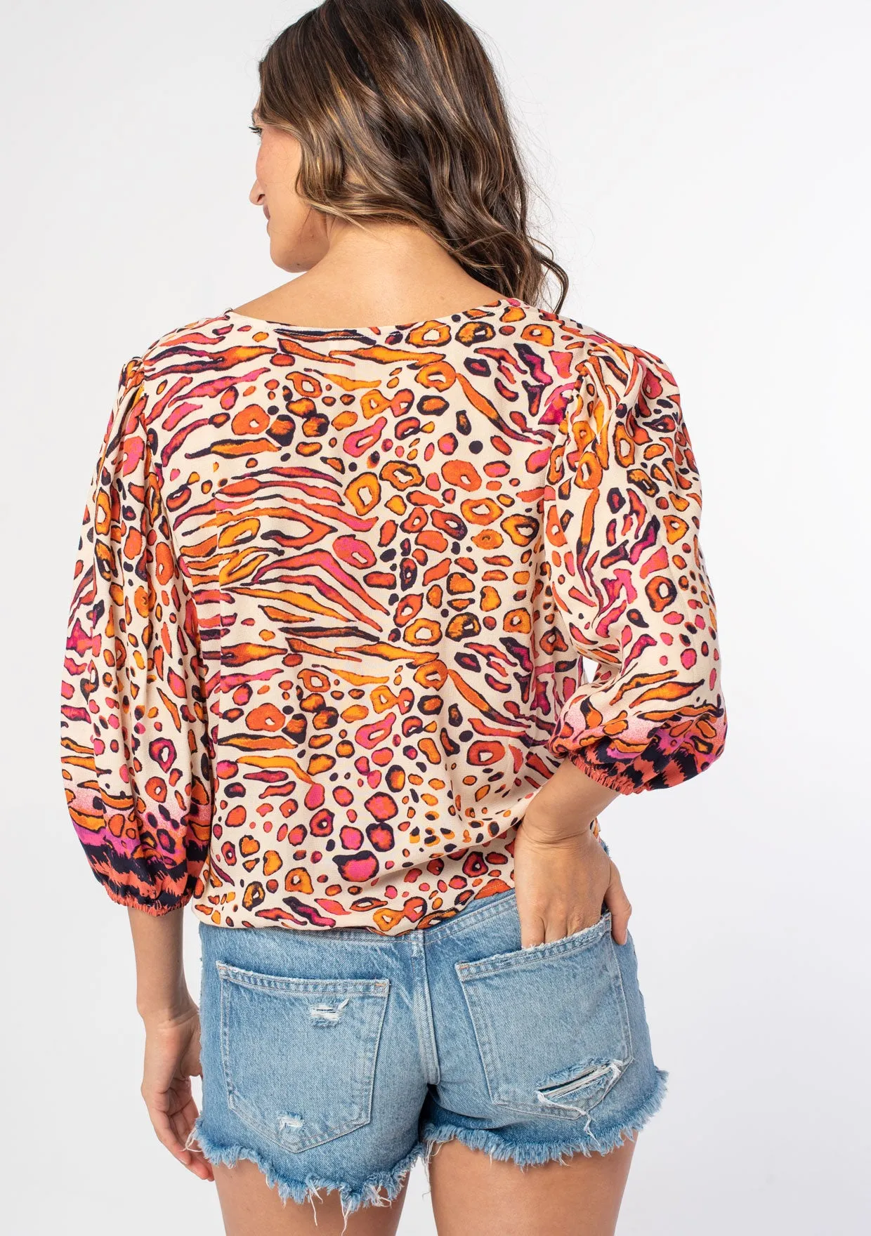 Leopard 3/4 Sleeve Tie Front Blouse