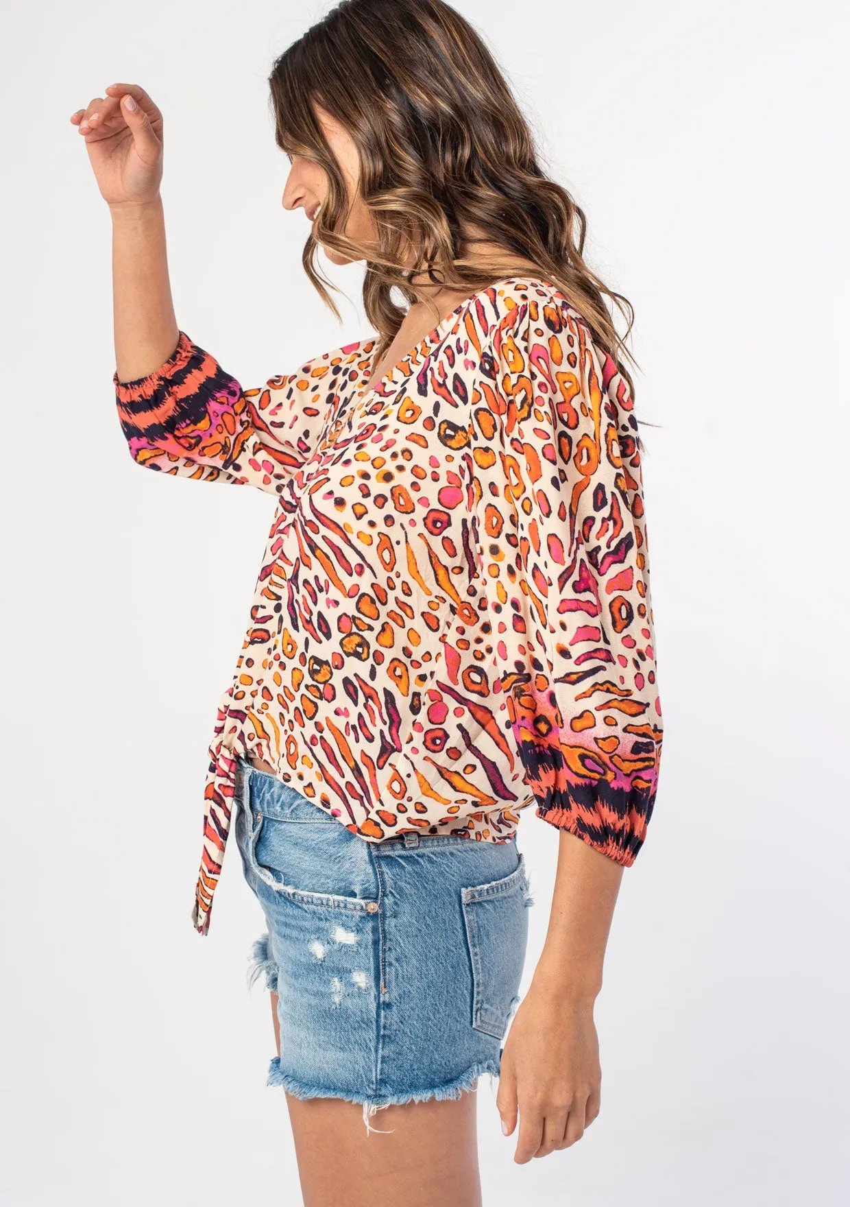Leopard 3/4 Sleeve Tie Front Blouse