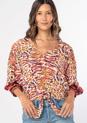 Leopard 3/4 Sleeve Tie Front Blouse