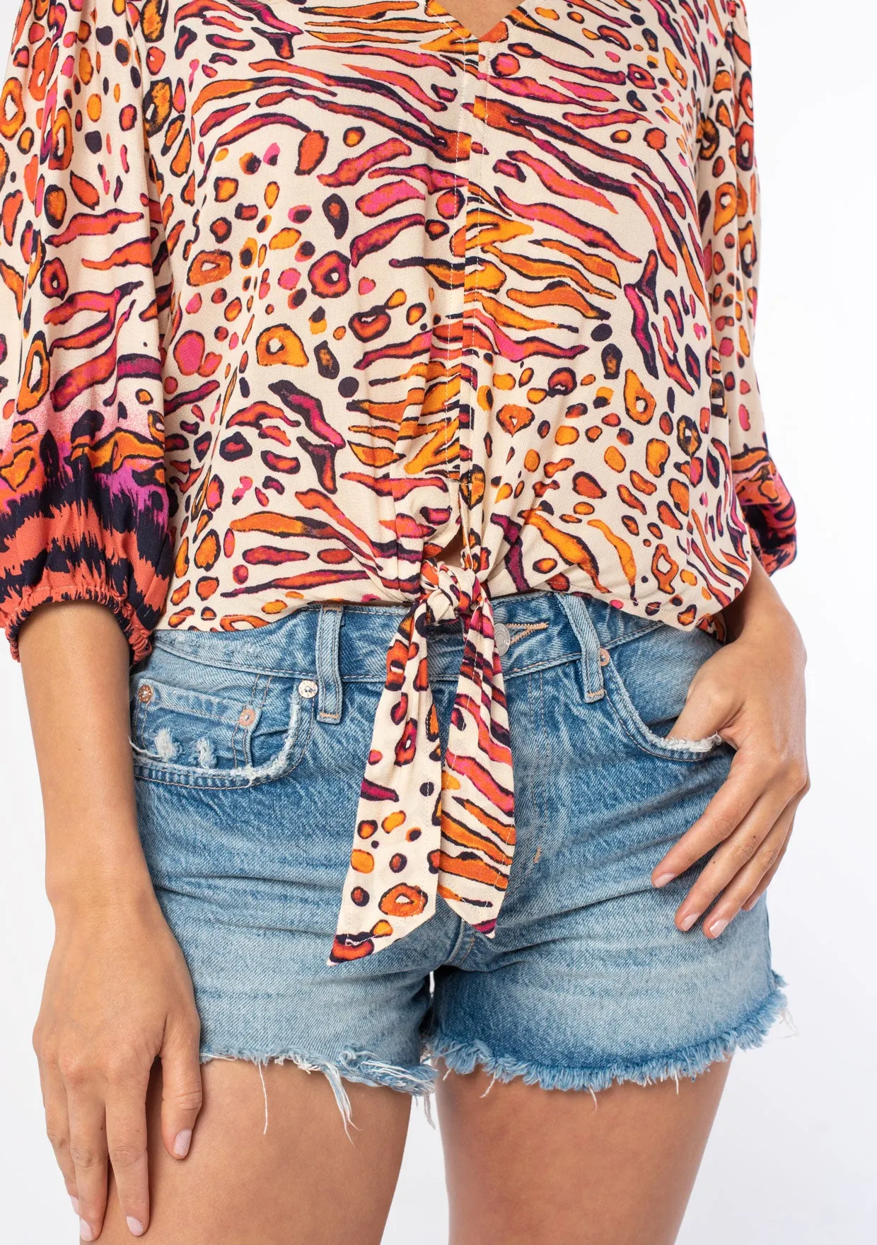 Leopard 3/4 Sleeve Tie Front Blouse