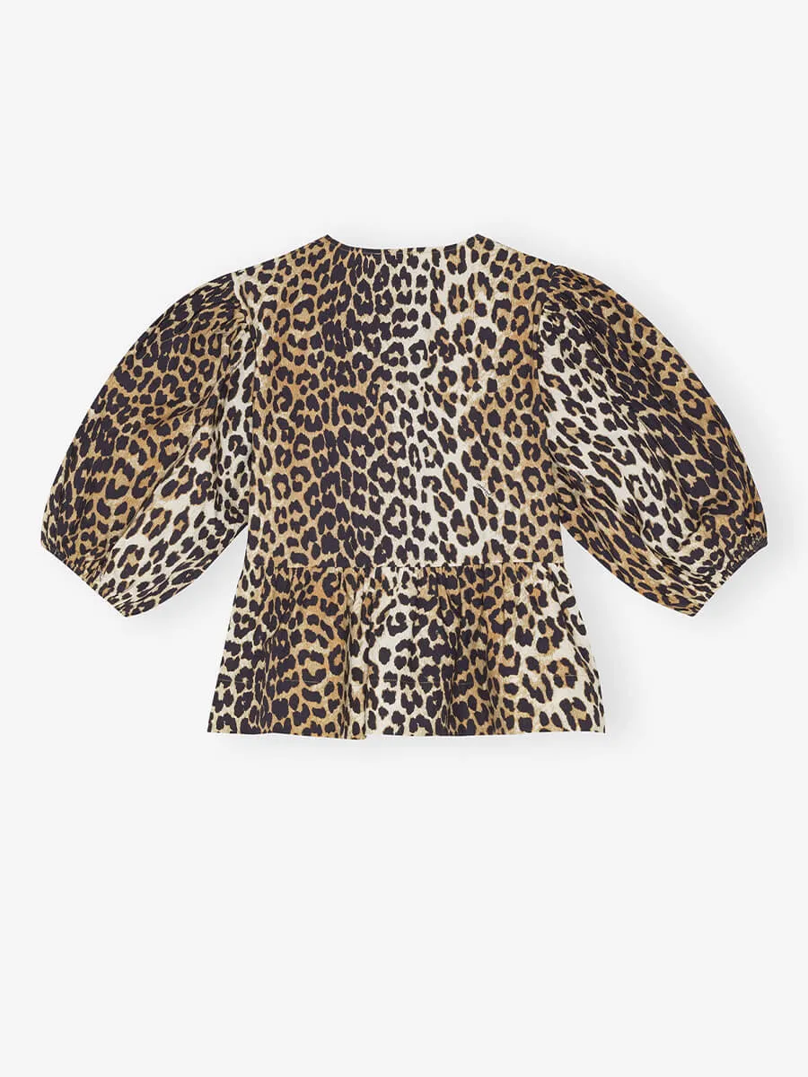 Leopard Cotton Poplin Peplum Tie Blouse