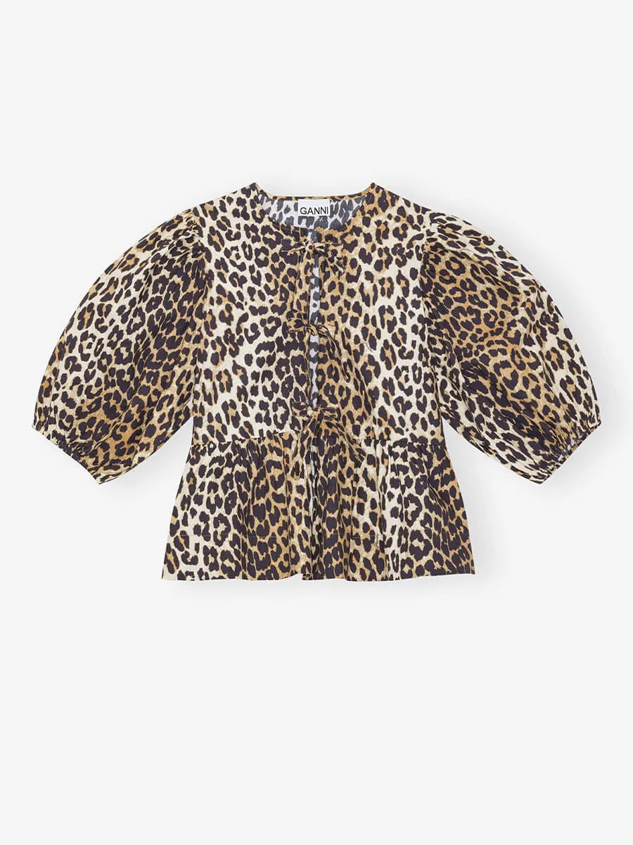 Leopard Cotton Poplin Peplum Tie Blouse