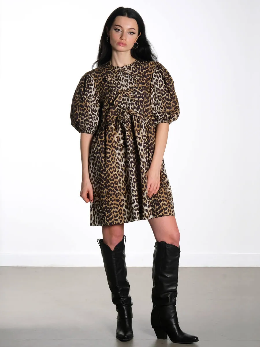 Leopard Printed Cotton Tie String Mini Dress