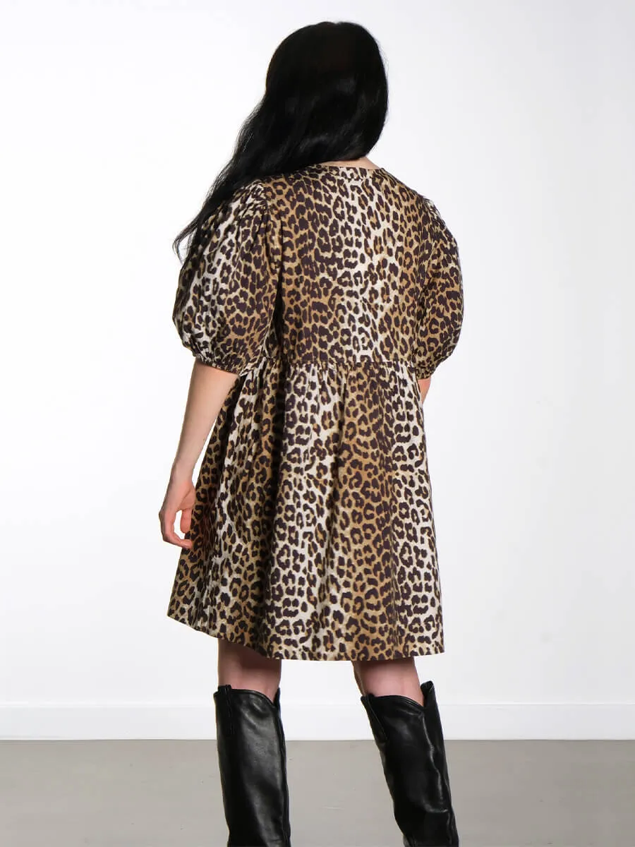Leopard Printed Cotton Tie String Mini Dress