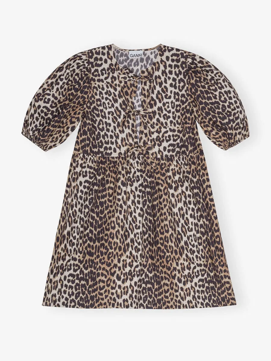 Leopard Printed Cotton Tie String Mini Dress