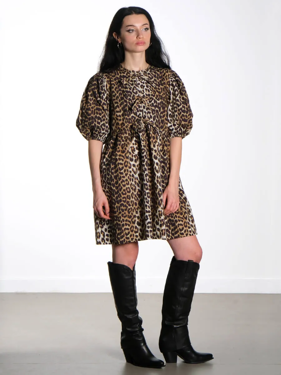 Leopard Printed Cotton Tie String Mini Dress