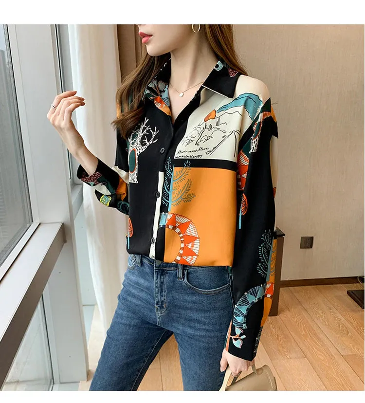 Long Sleeve Art Panorama Blouse Shirt