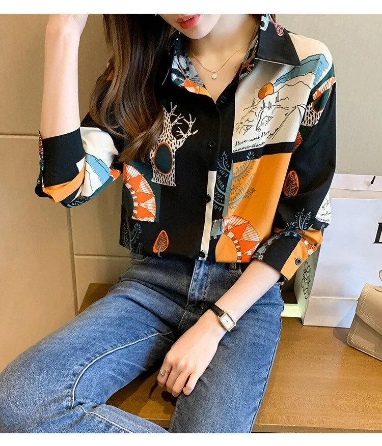 Long Sleeve Art Panorama Blouse Shirt