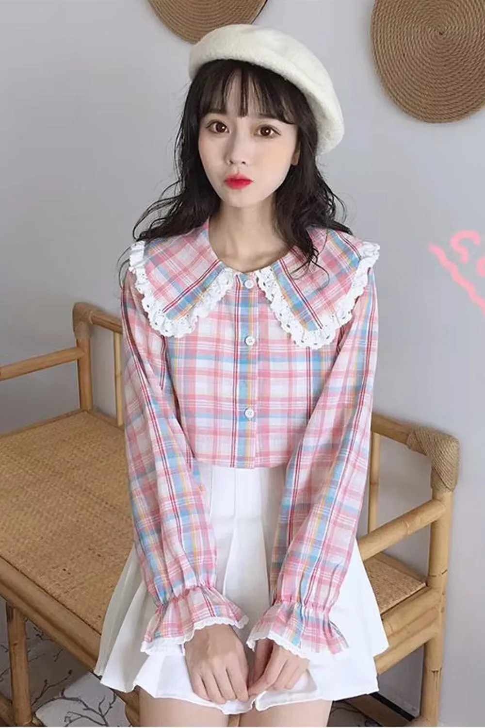 Long Sleeve Cute Plaid Pattern Peter Pan Collar Blouse Shirt