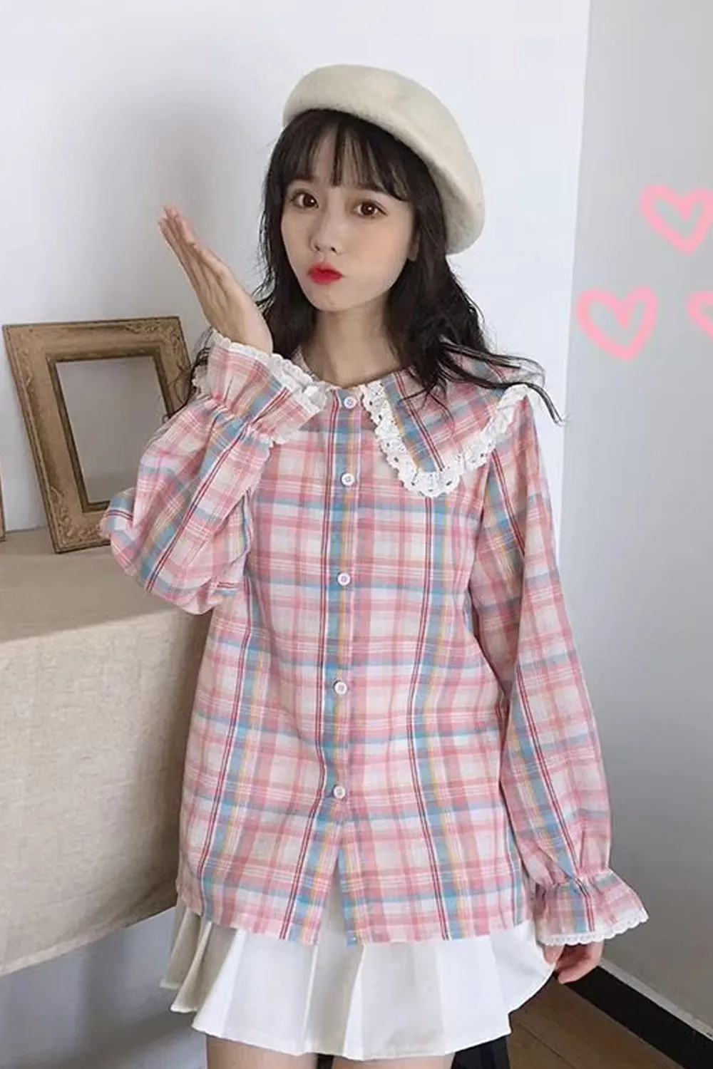 Long Sleeve Cute Plaid Pattern Peter Pan Collar Blouse Shirt