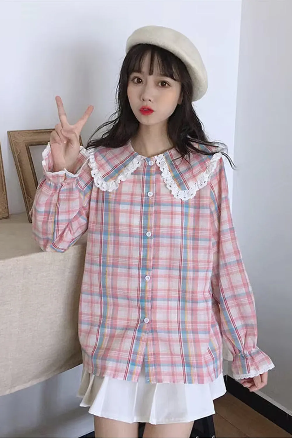 Long Sleeve Cute Plaid Pattern Peter Pan Collar Blouse Shirt