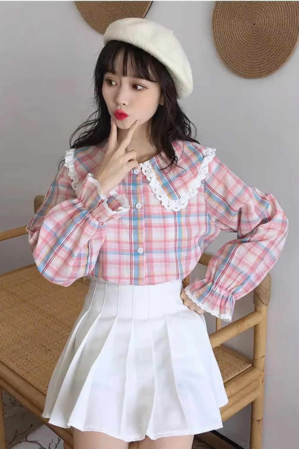 Long Sleeve Cute Plaid Pattern Peter Pan Collar Blouse Shirt