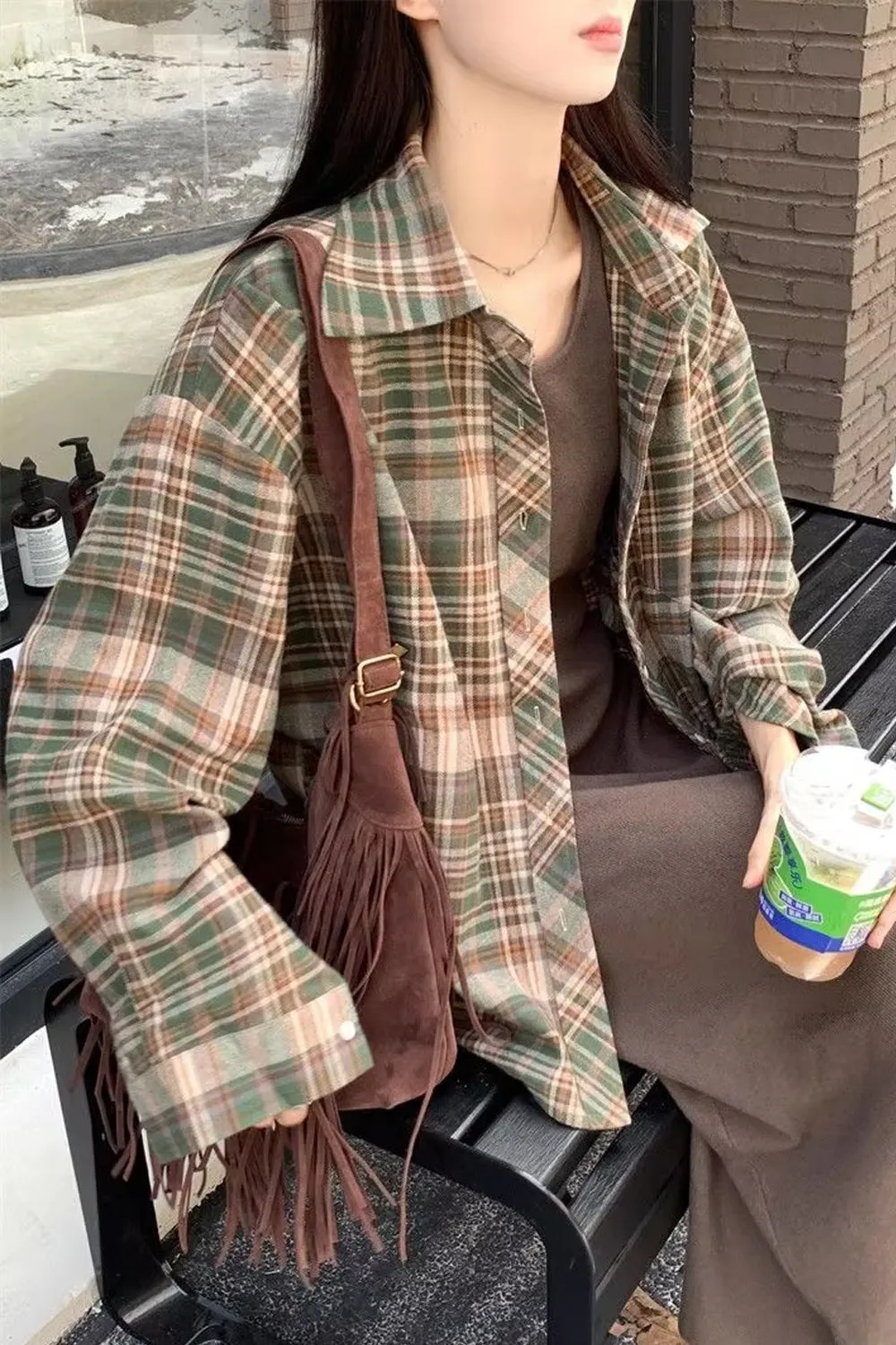 Long Sleeve Loose Retro Plaid Blouse Shirt