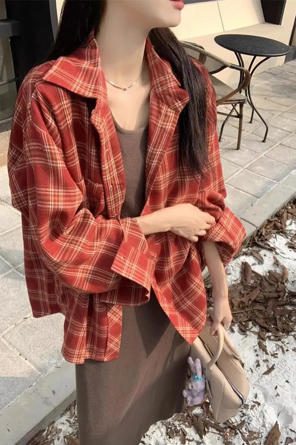 Long Sleeve Loose Retro Plaid Blouse Shirt