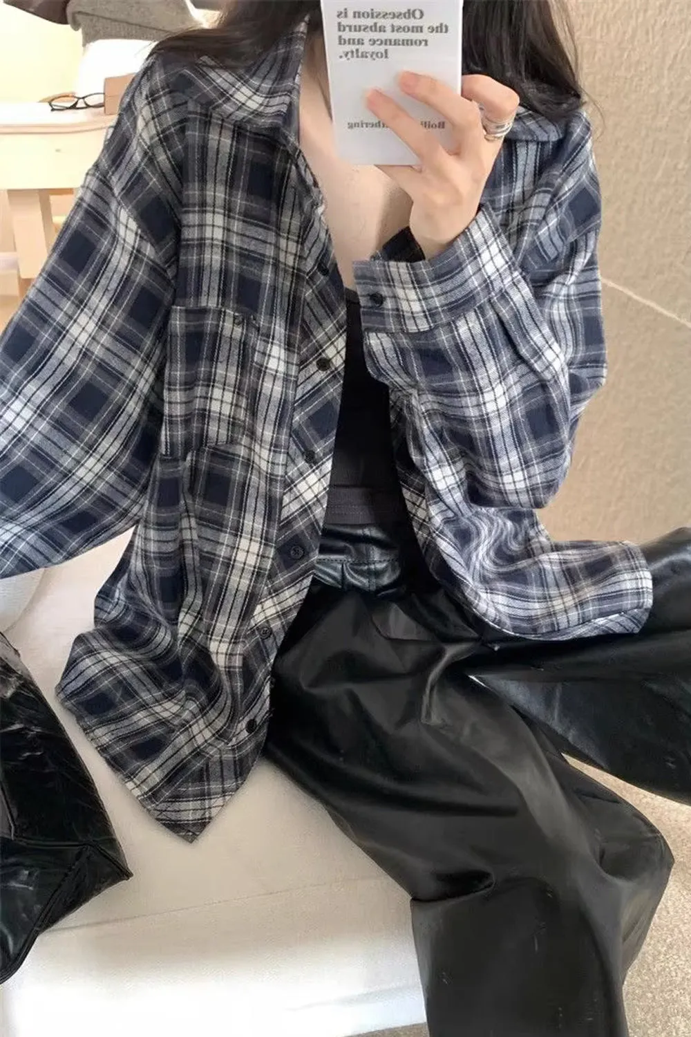 Long Sleeve Loose Retro Plaid Blouse Shirt