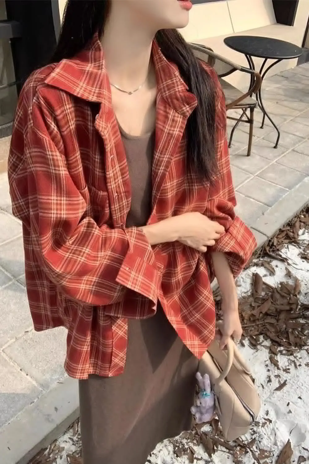 Long Sleeve Loose Retro Plaid Blouse Shirt