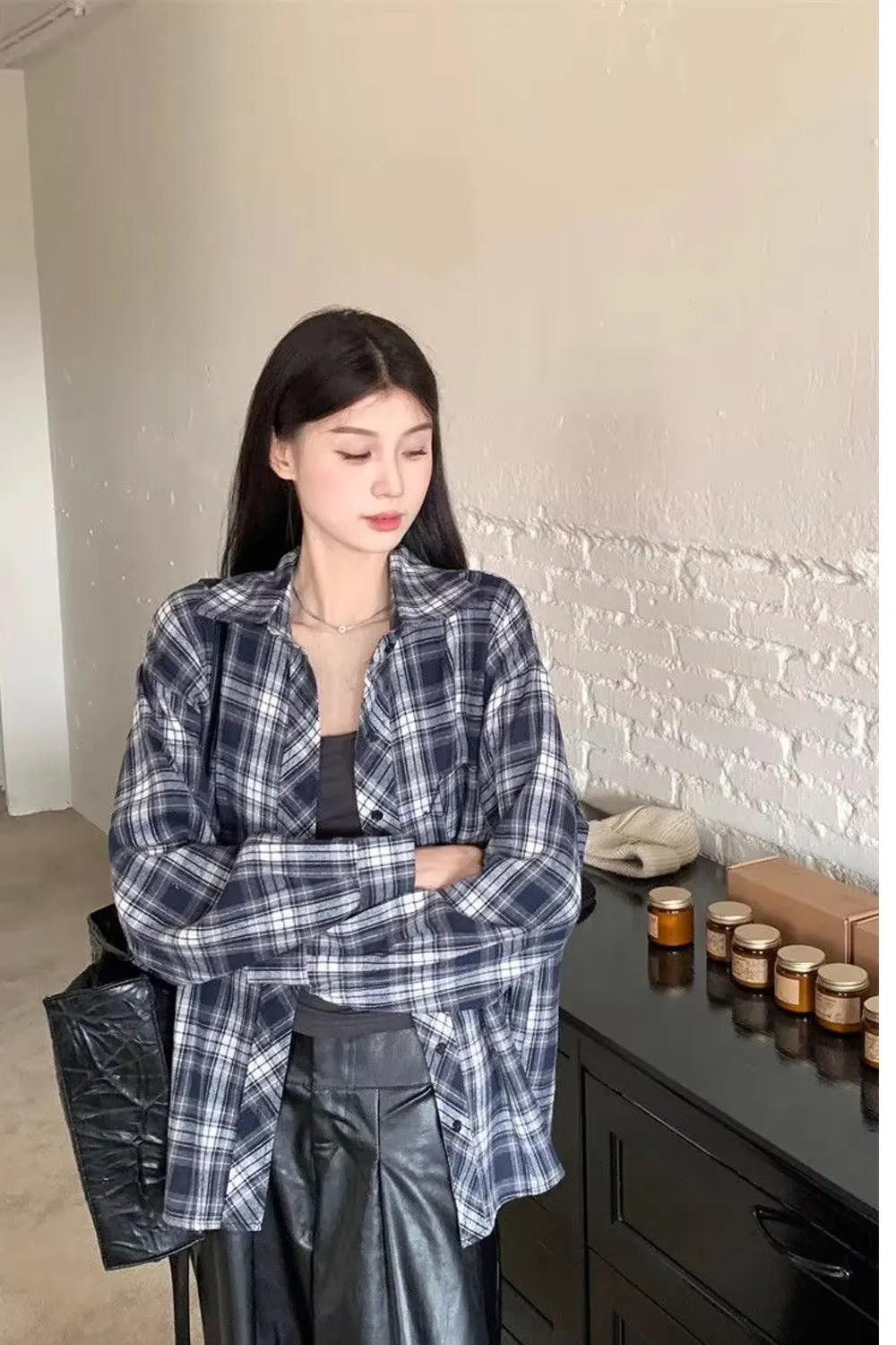 Long Sleeve Loose Retro Plaid Blouse Shirt